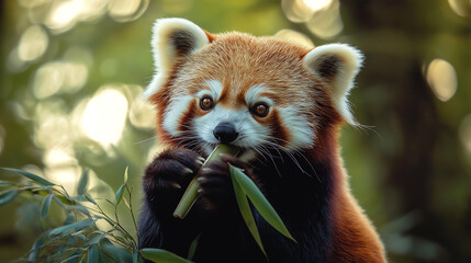 Fototapeta premium Red panda enjoys eating bamboo in a natural setting during daylight hours