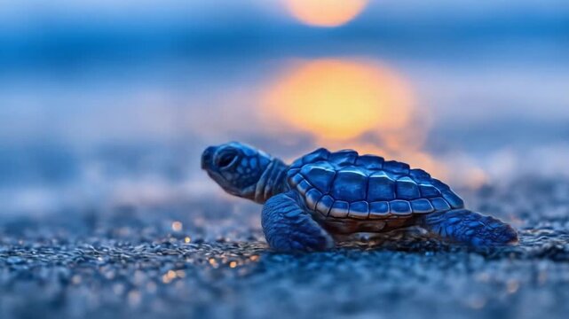 Baby sea turtle on sand with blurred sunlight background