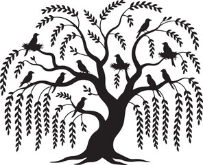 Willow Tree Birds Silhouette Vector