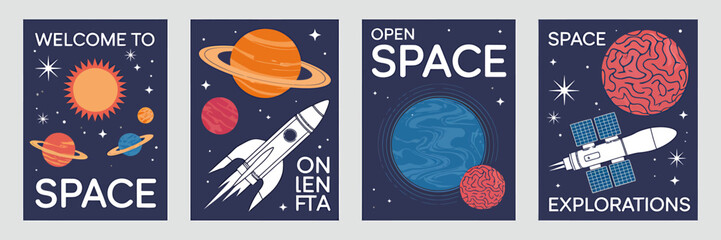 Fototapeta premium Space exploration posters with planets and spacecraft