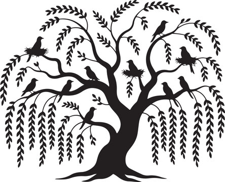 Willow Tree Birds Silhouette Vector