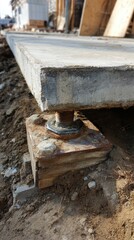 Concrete slab supported by an adjustable metal jack on dirt at a construction site
