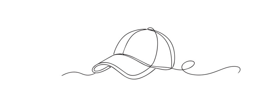 simple line drawing of a casual baseball cap with a curved brim, symbolizing fashion and youth. continuous line of the headwear, streetwear culture, simplicity, and modern lifestyle.