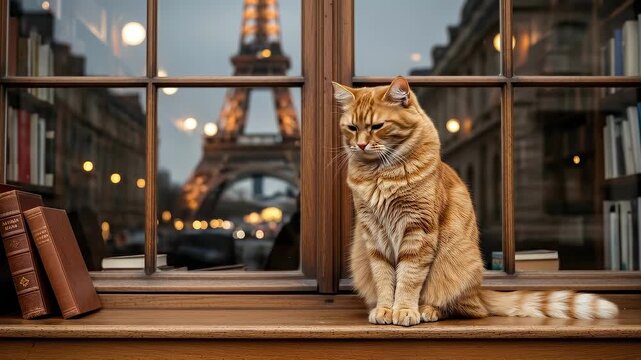 Curious cat observing parisian evening with eiffel tower in background