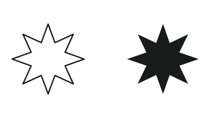 Eight Pointed Star Icons: Outline and Solid Black Shapes on White Background