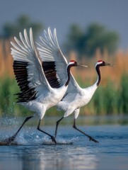 Fototapeta premium Two majestic cranes glide gracefully over the water. Their wings spread wide, showcasing stunning feathers. The serene setting brings peace and beauty. 