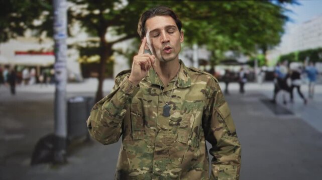 Soldier man finger to temple with dog tags visible in street plaza, eyes closed in a pensive gesture; quiet contemplation.