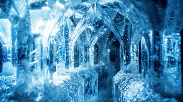 Freezing Magical Ice Tunnel Architecture With Glowing Blue Light