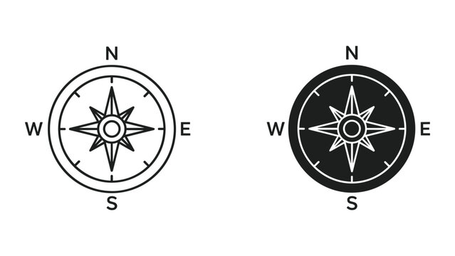 Two Compass Rose Icons, Line Art and Silhouette, Showing Directions