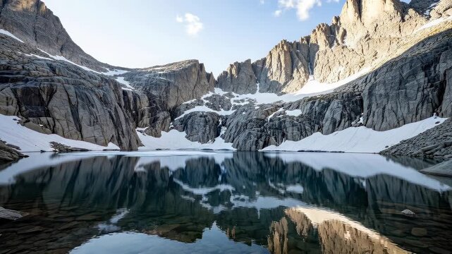 Tranquil mountain lake reflections under clear skies with snowcapped peaks