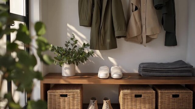 A functional entryway features organized junk boxes for shoes and accessories, paired with hooks for coats, creating a welcoming and tidy atmosphere that defines practical home organization