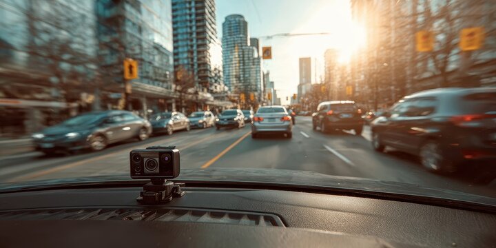 Dash Camera on Dashboard Recording City Street Traffic During Golden Hour