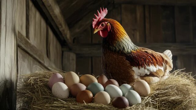 Rhode Island Red Rooster with Chicks