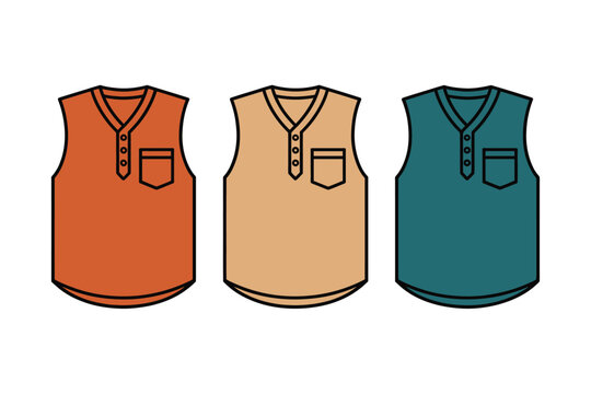 Vest clothing vector illustration of three colorful sleeveless shirts with pockets