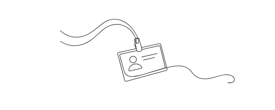 One line drawing of an identification card hanging on a lanyard. Hand drawn continuous line representing identity, access, security, office, and professional use.