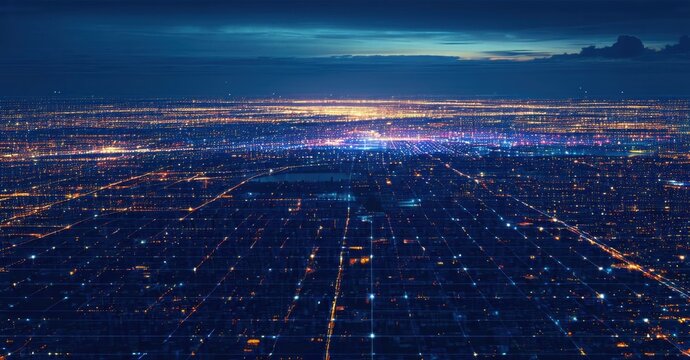 Vast cityscape glows brightly. Grid pattern dominates view, extending toward distant horizon. Nighttime scene presents urban sprawl.