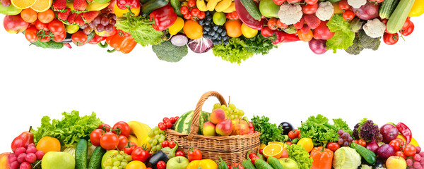 Panorama of fresh fruits and vegetables useful for health isolated on white background.