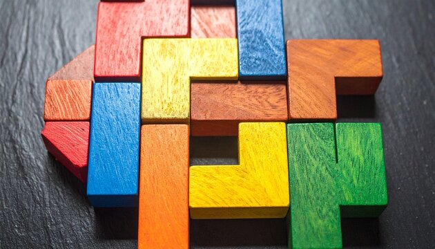 Colorful wooden puzzle blocks arranged in Tetris-like grid on dark wooden surface, geometric composition symbolizing play, design, and spatial reasoning.