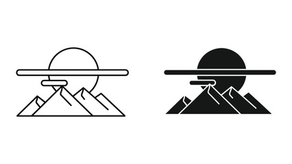 Stylized Mountain Peaks and Sun Icon Set, Line Art and Silhouette