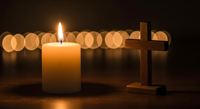 Lit Candle Beside Wooden Cross for Good Friday Remembrance