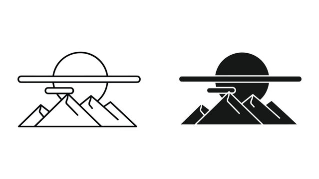 Stylized Mountain Peaks and Sun Icon Set, Line Art and Silhouette