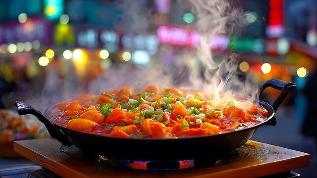 Spicy Korean tteokbokki stir-frying in cast iron skillet with steam and vibrant vegetables at night market
