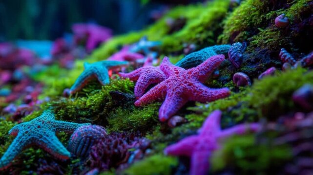 Colorful starfish on vibrant mossy surface under aquarium lighting