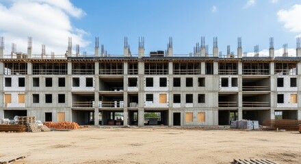 Modern Construction Site with Framework and Unfinished Building Exterior