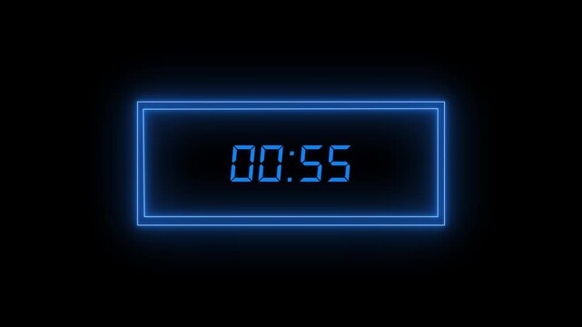 Digital 60 Second Blue Neon Countdown Clock with 7-Segment Display on Black Background
