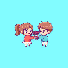 A Couple Cartoon Exchanging Flowers