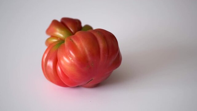 A deformed, imperfect vegetable with a natural shape, a red tomato, rotates on a white background. The concept of healthy eating, farm products, imperfection, and natural agriculture.