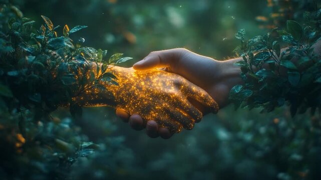 Harmony of Earth: The hands clasp in a gesture of unity, embodying an alliance between nature and humanity, a pledge to protect and nurture our shared environment.