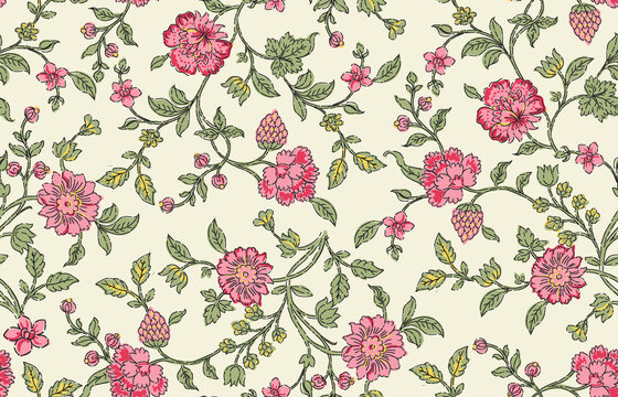 Red and pink connecting floral seamless print pattern for spring summer season 