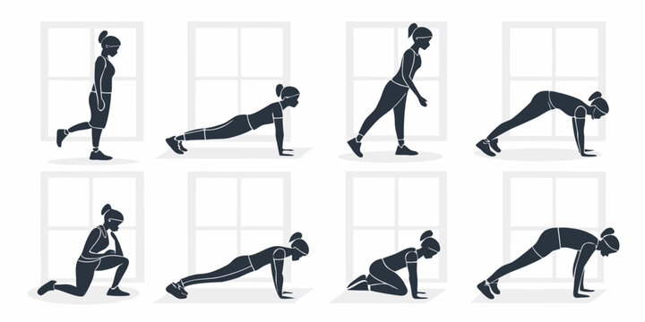 Demonstration of various bodyweight exercises for a full-body workout routine Vector