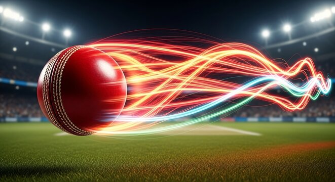 Fiery red cricket ball speeds across the pitch under stadium lights