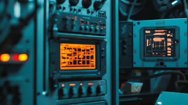 Server rack with an active control panel displaying essential system metrics and analytics, highlighting themes of technology, data management, and operational efficiency in an industrial setting