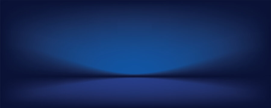 Studio background dark blue gradient neon light glowing bright floor and wall, empty room interior for display product in night tone and shiny surface for car, motorcycle, modern technology.