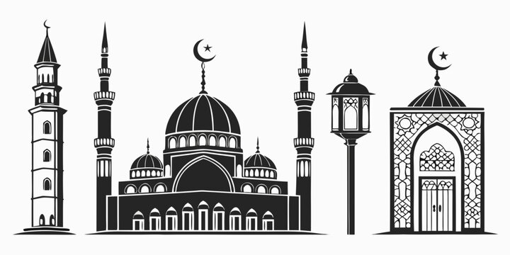 Historical mosque with tall minarets and a crescent moon lamp post Vector