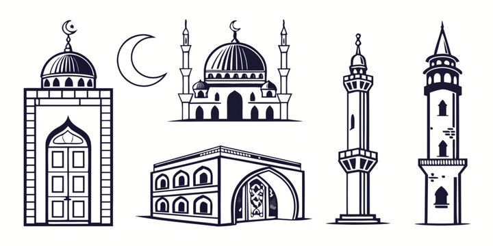 Diverse architectural styles of mosques and minarets from various cultures Vector