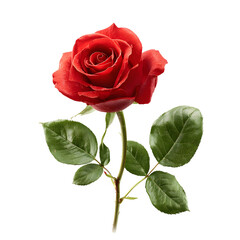 Fototapeta premium Red rose flower isolated PNG, romantic floral bloom with green leaves, botanical clipart for wedding and love design