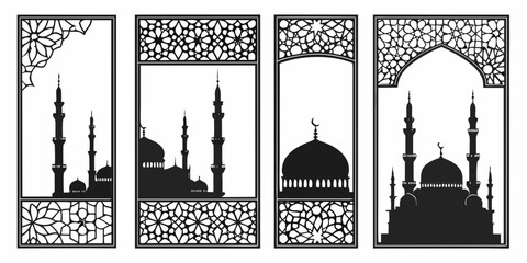 Three windows showcasing intricate islamic architecture with minarets and domes Vector © Mithu
