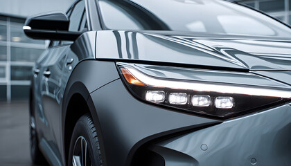 Fototapeta premium Modern electric suv front detail showcasing sleek design and advanced led headlights.