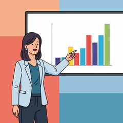 Businesswoman presenting colorful bar graph on screen.