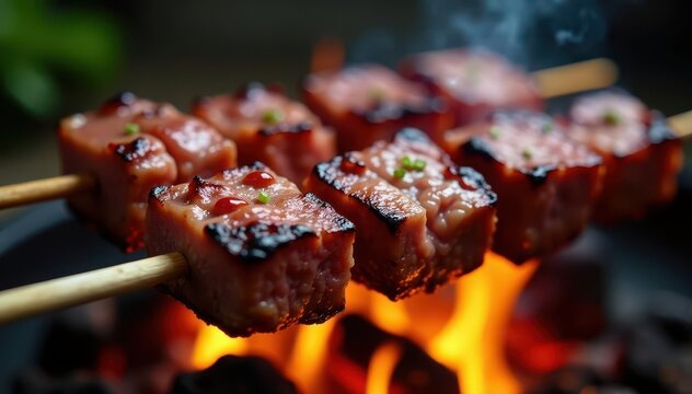 Charred beef cubes, sizzling on skewers over open flames , bbqfood, cuisine