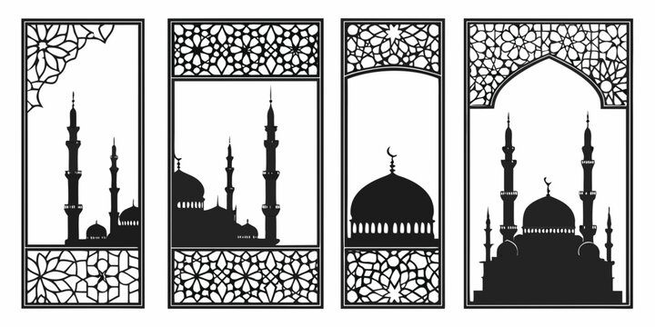 Three windows showcasing intricate islamic architecture with minarets and domes Vector