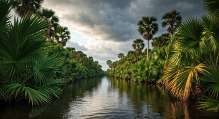 Obraz premium Lush, tropical waterway lined with palms reflecting overcast sky, serene and vibrant