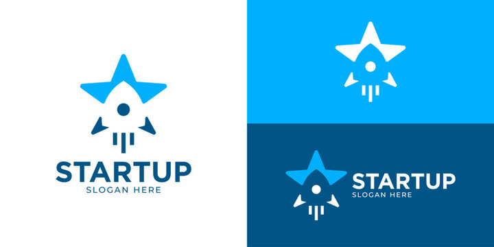 Creative simple startup logo template. Abstract rocket with star symbol for business company logo design vector illustration.