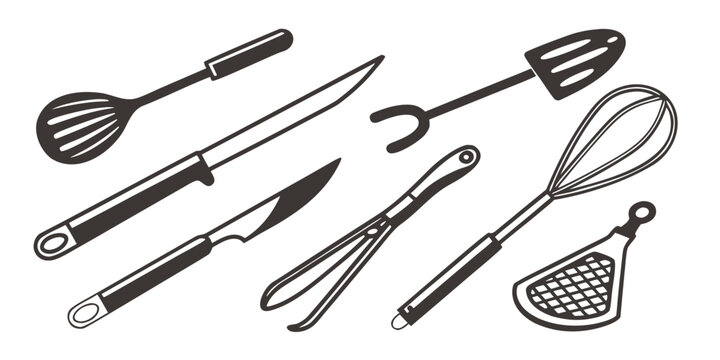 A variety of kitchen utensils including whisks, spatulas, and ladles Vector