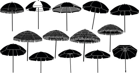 Beach umbrella silhouette icons set, black sunshade parasol vector illustration with fringe, summer vacation patio furniture for outdoor resort design. © Zakir
