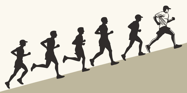 A group of people running up a steep incline, with one person in the lead. Vector